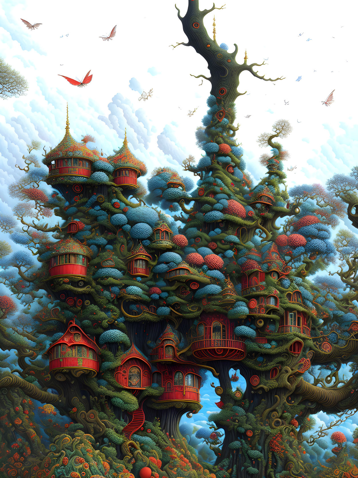 Fantastical tree with ornate houses and exotic birds in vibrant image