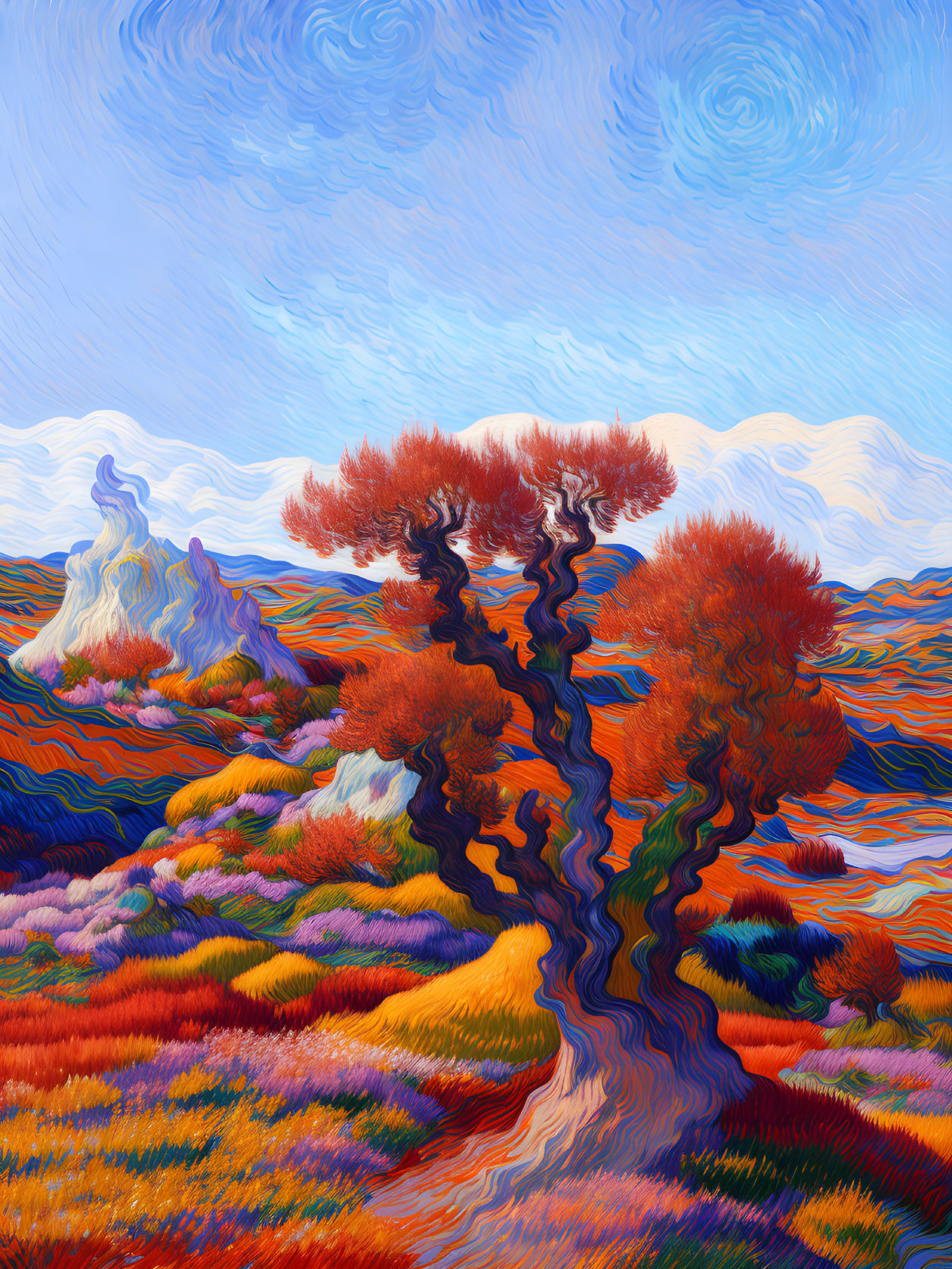 Whimsical landscape painting with twisted tree and colorful hills