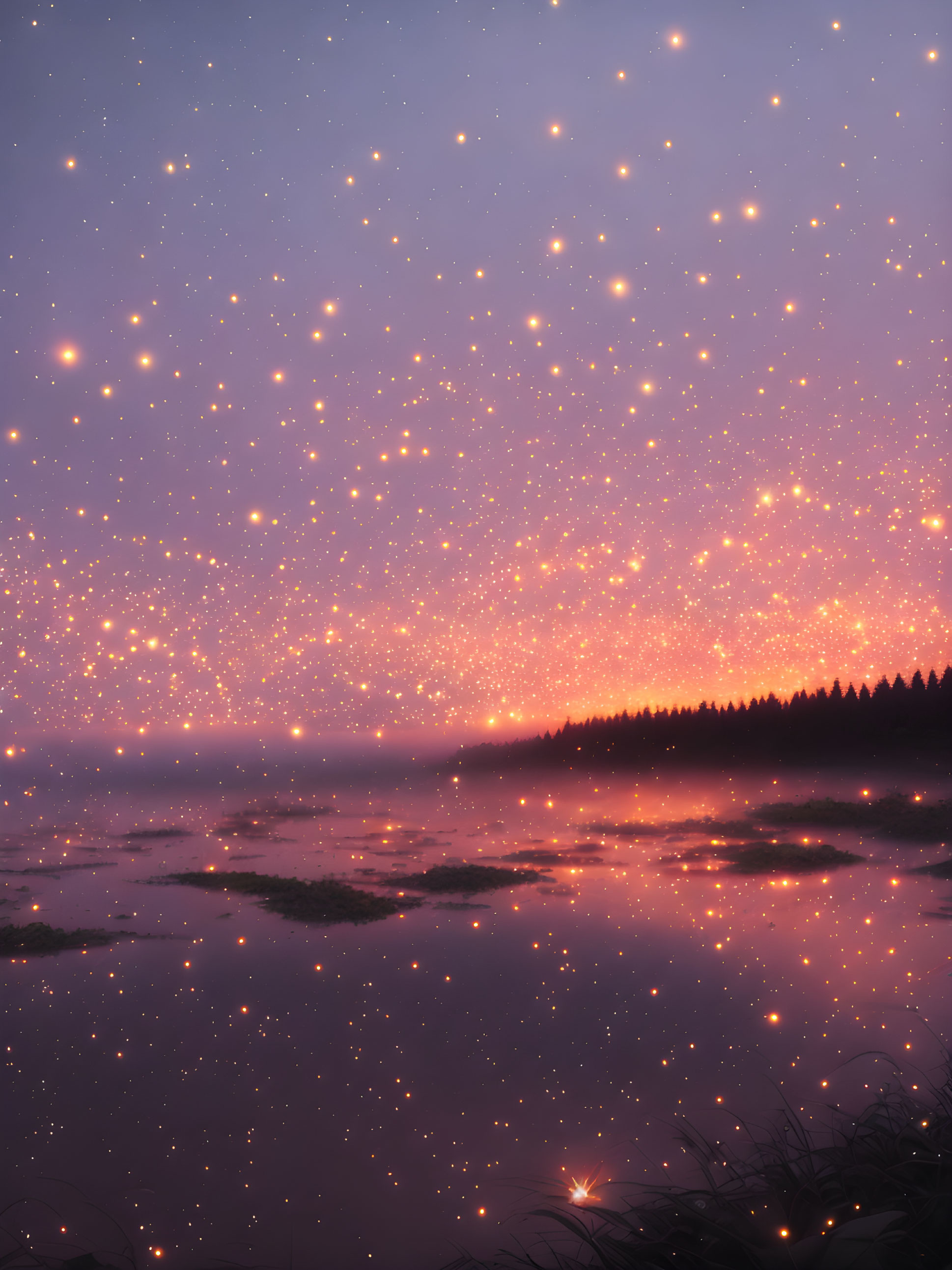 Serene lake reflecting twilight sky with stars above forest silhouette