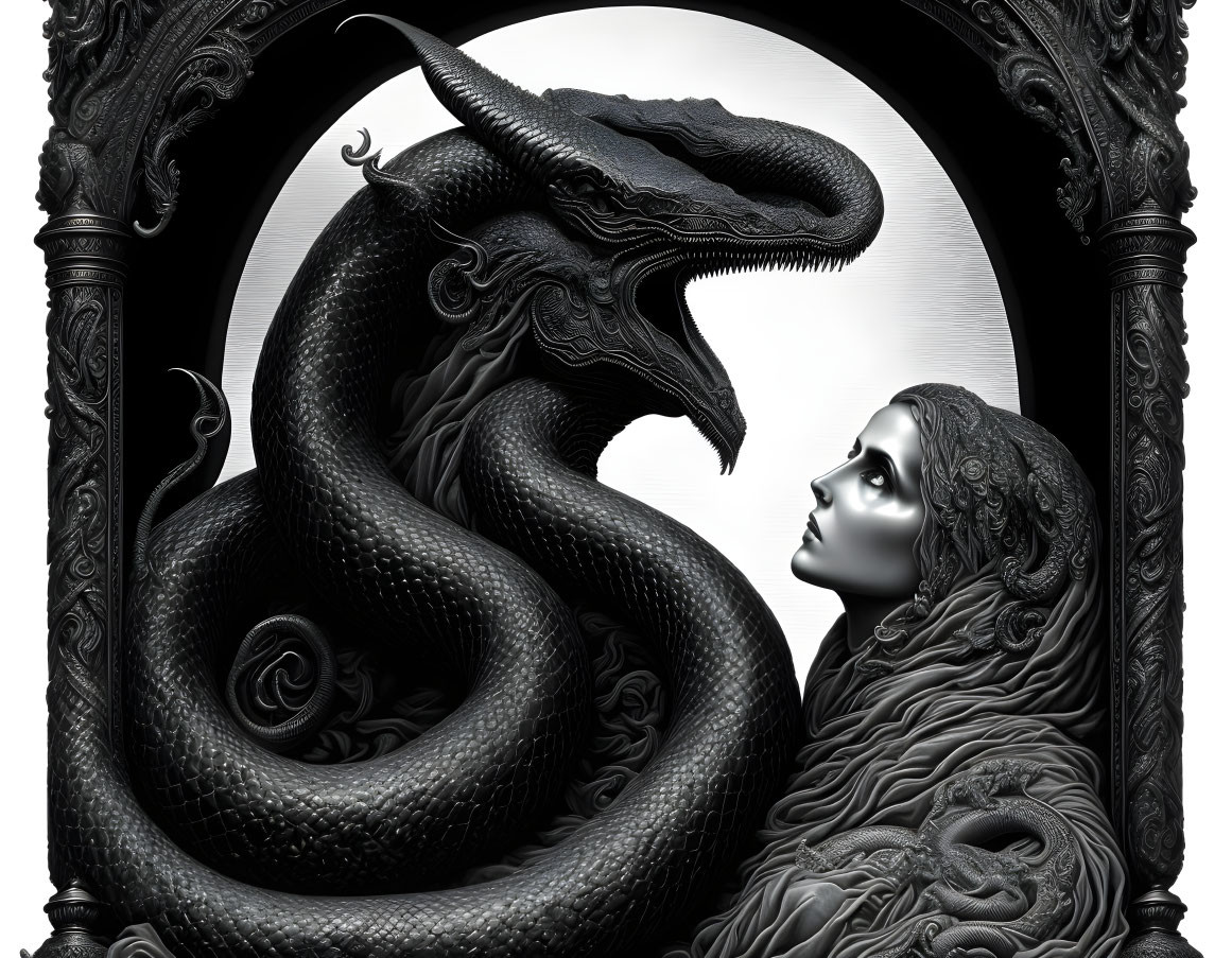 Monochrome illustration of woman with serpent in gothic arch