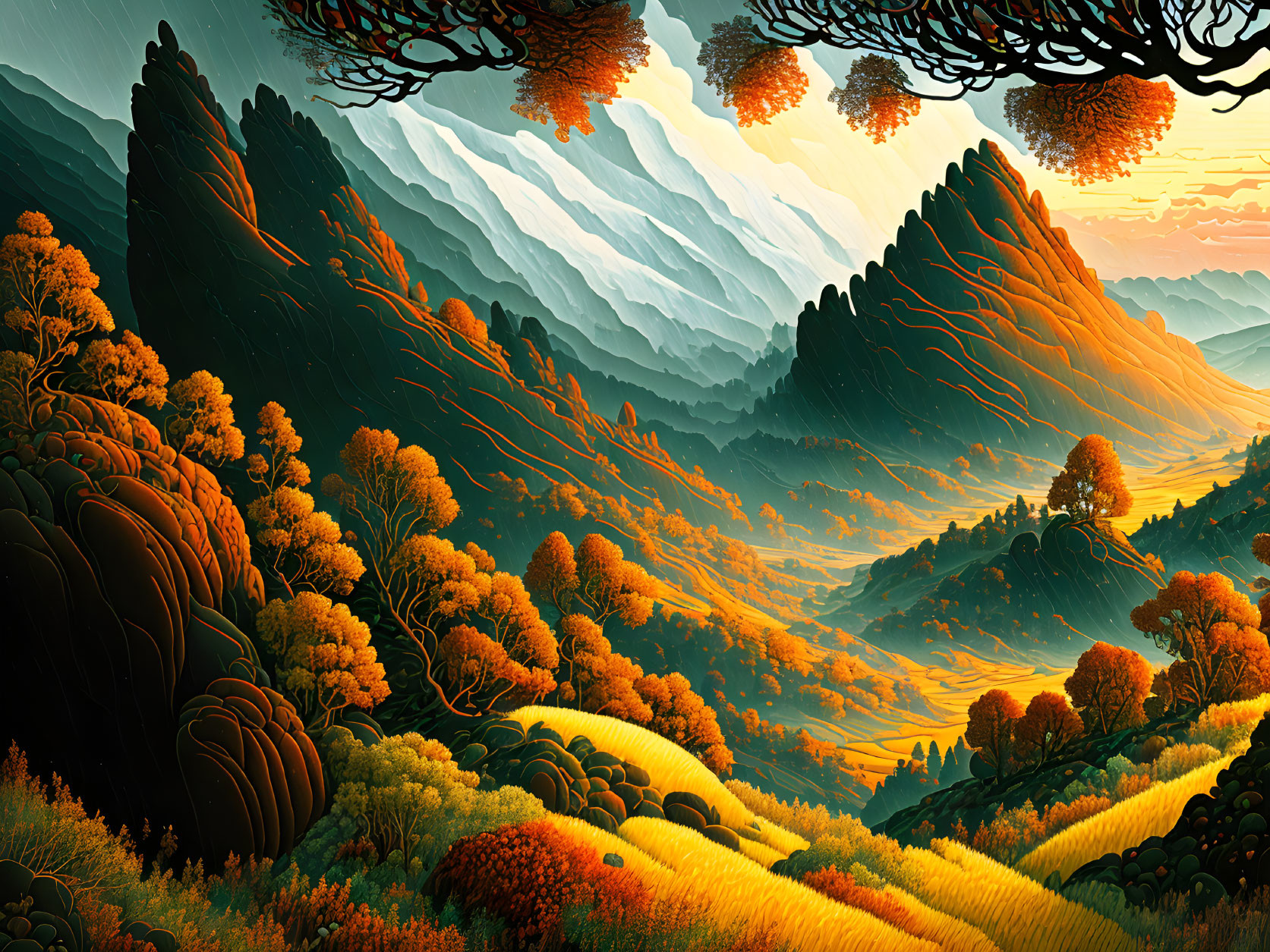 Vibrant autumn landscape with layered mountains and lush forests