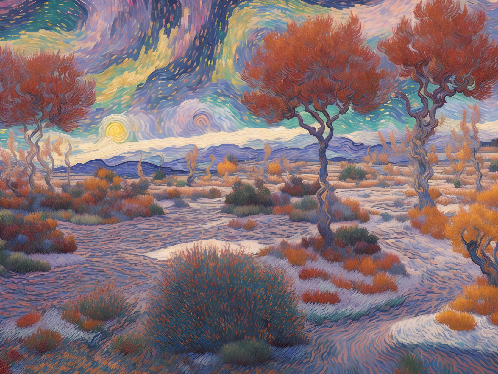 Colorful swirling skies and stylized autumn trees in a Van Gogh-inspired painting