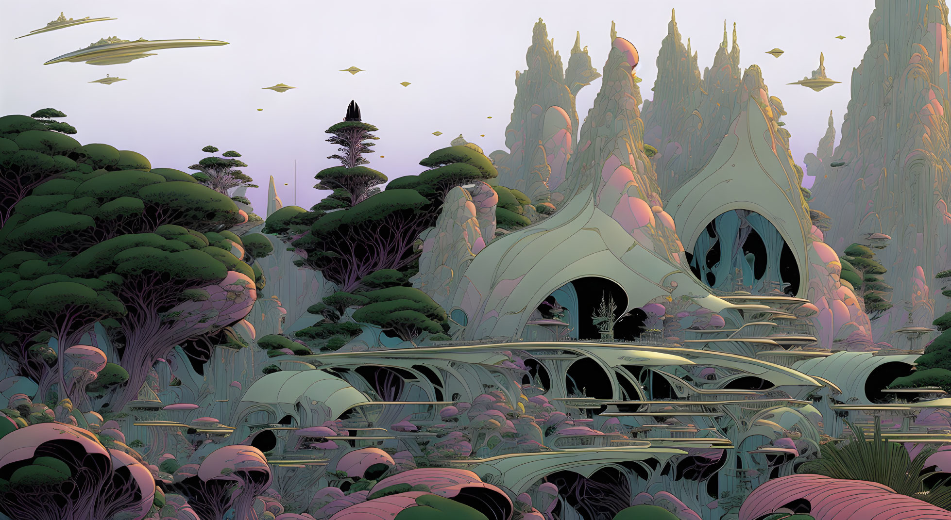 Fantastical landscape with towering spires and alien flora