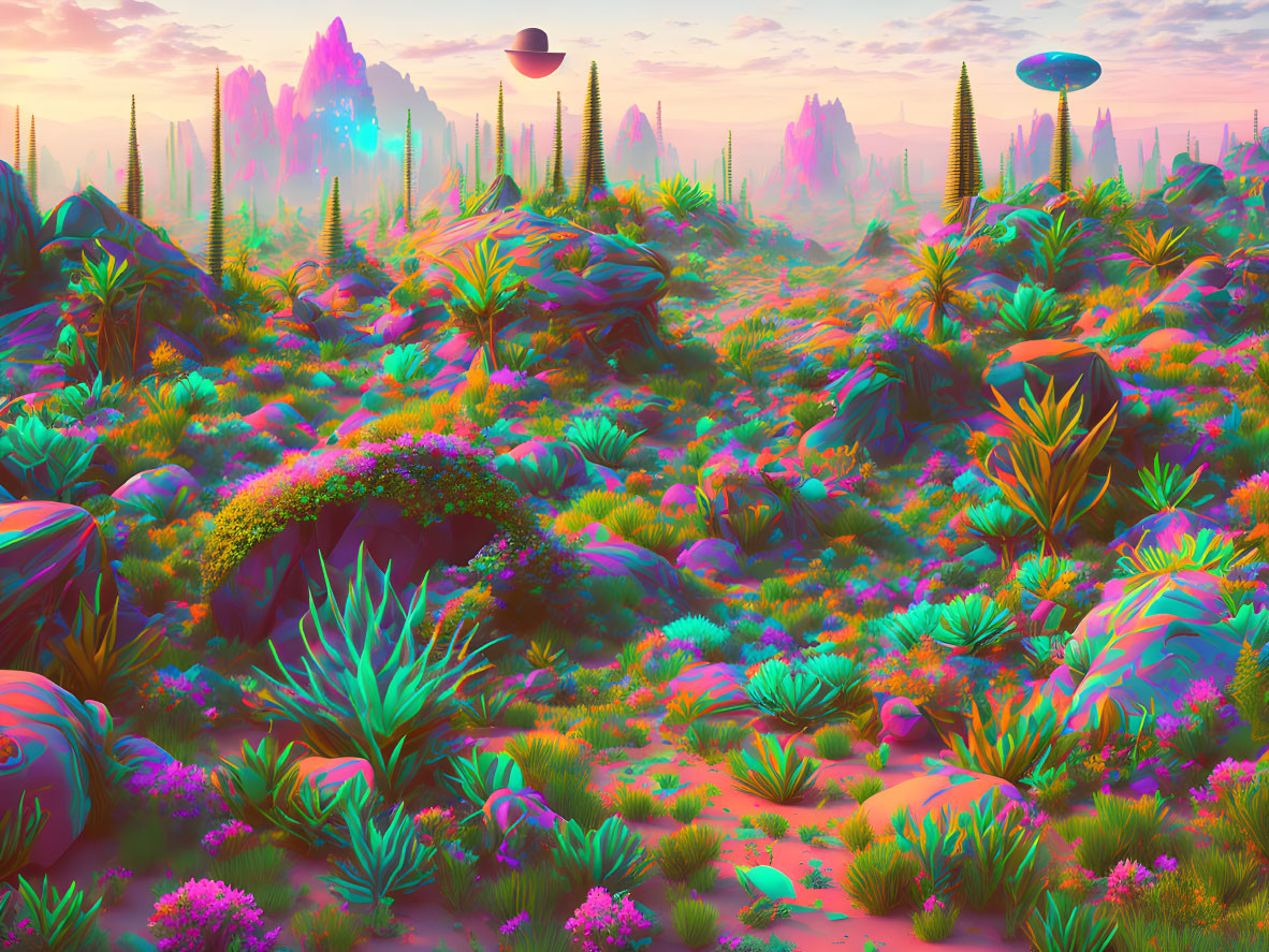 Colorful Flora and UFOs in Vibrant Alien Landscape