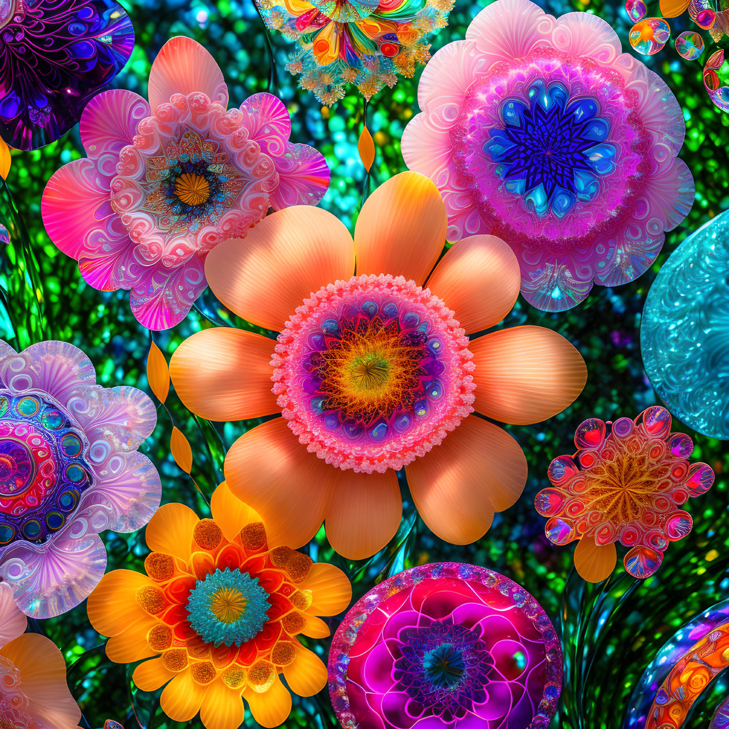 Colorful Psychedelic Flower Art on Luminous Background