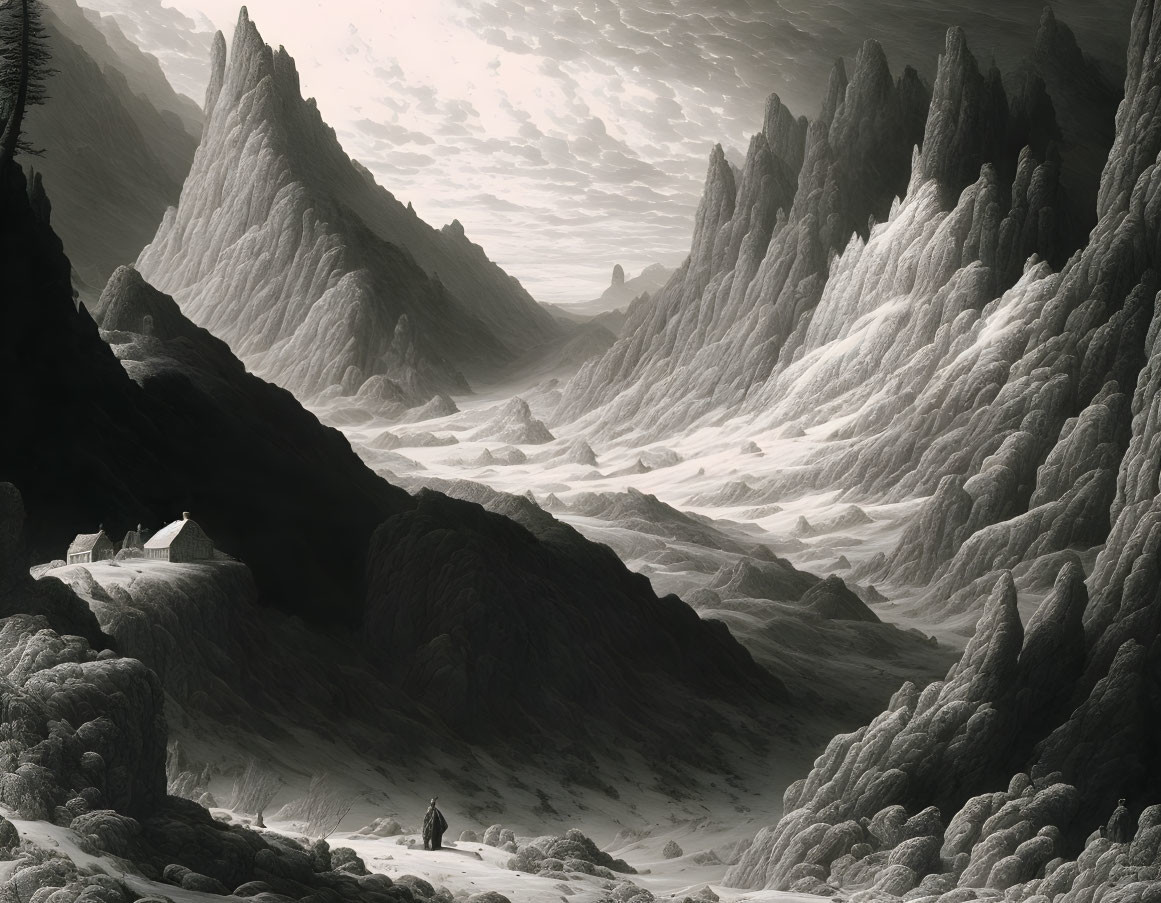 Monochrome landscape of rugged mountains with travelers and misty valley