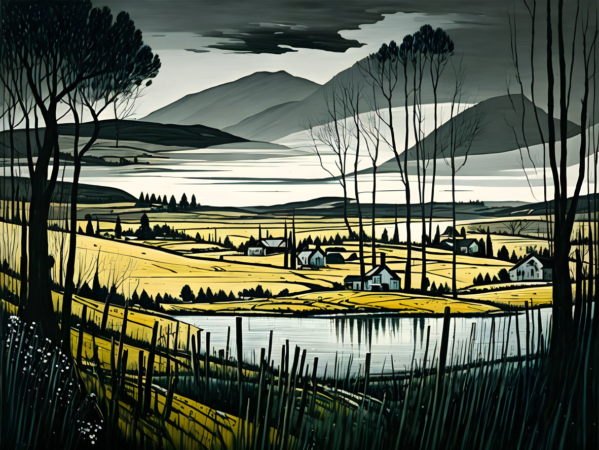 Monochrome landscape painting with layered hills, trees, lake, and houses against mountain backdrop