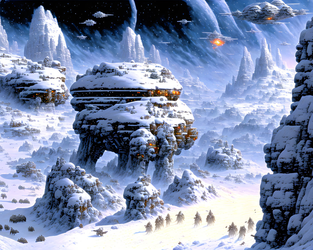 Snowy Landscape with Mountains, Futuristic Buildings, Trekking Figures, and Flying Ships