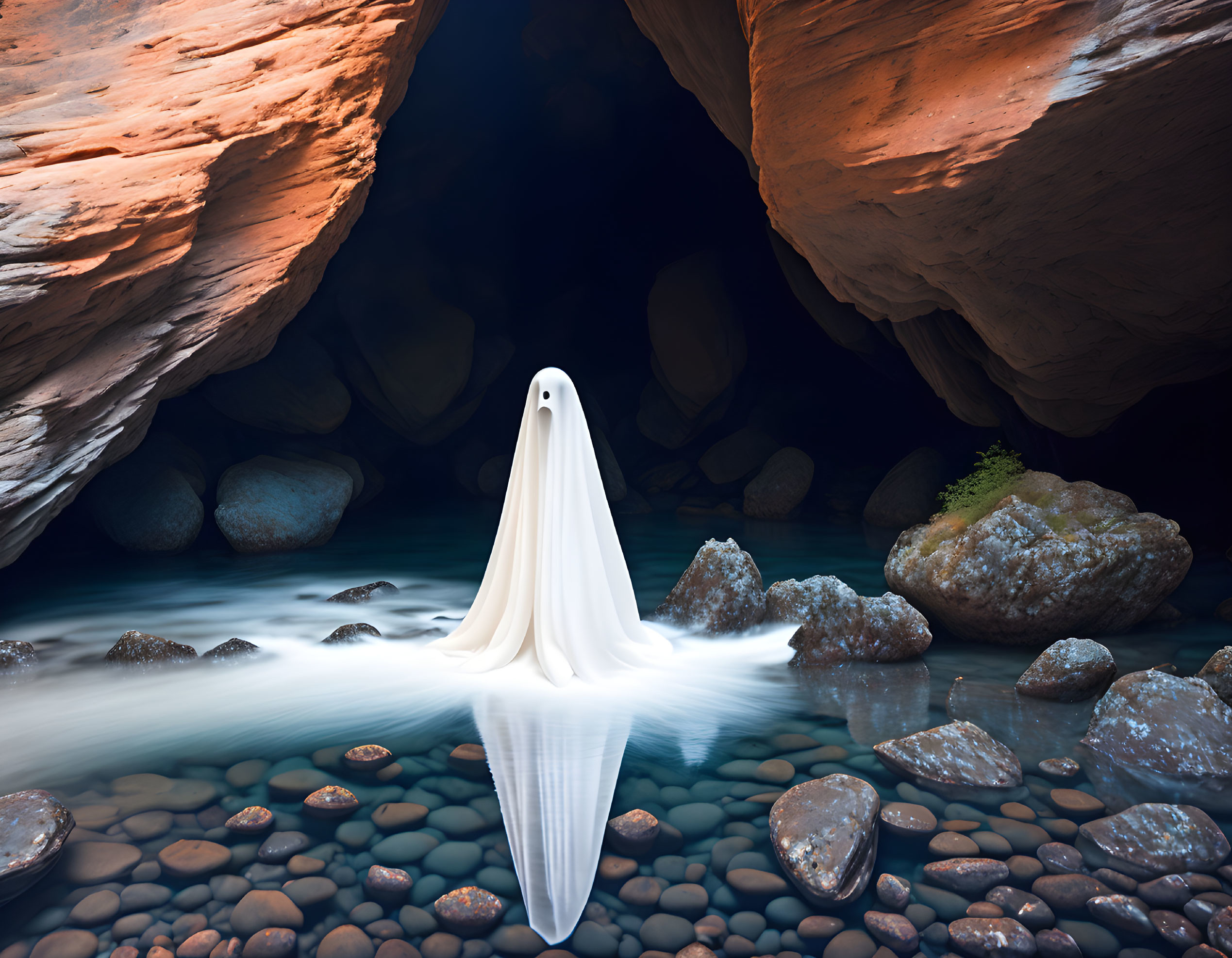 Ghostly Figure in a Serene Canyon Stream