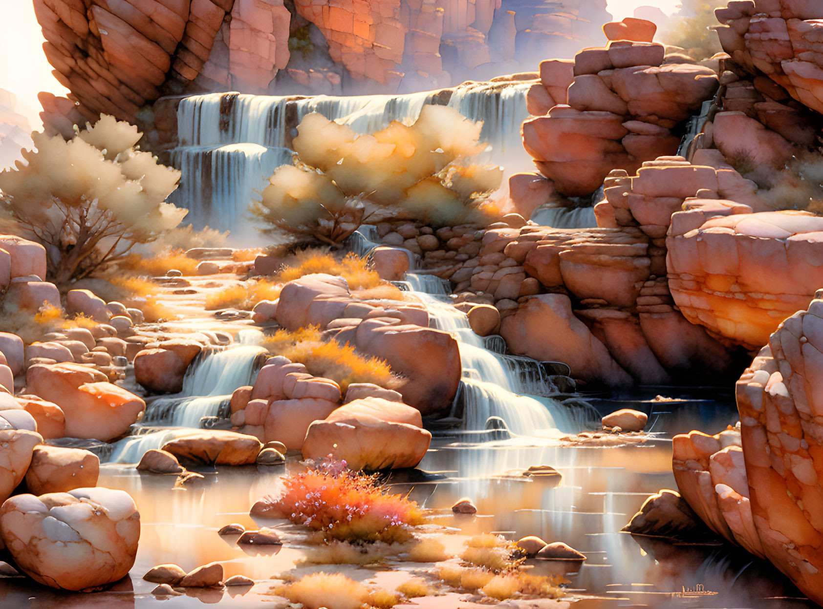 Vibrant red rock formations with lush vegetation and reflective water.