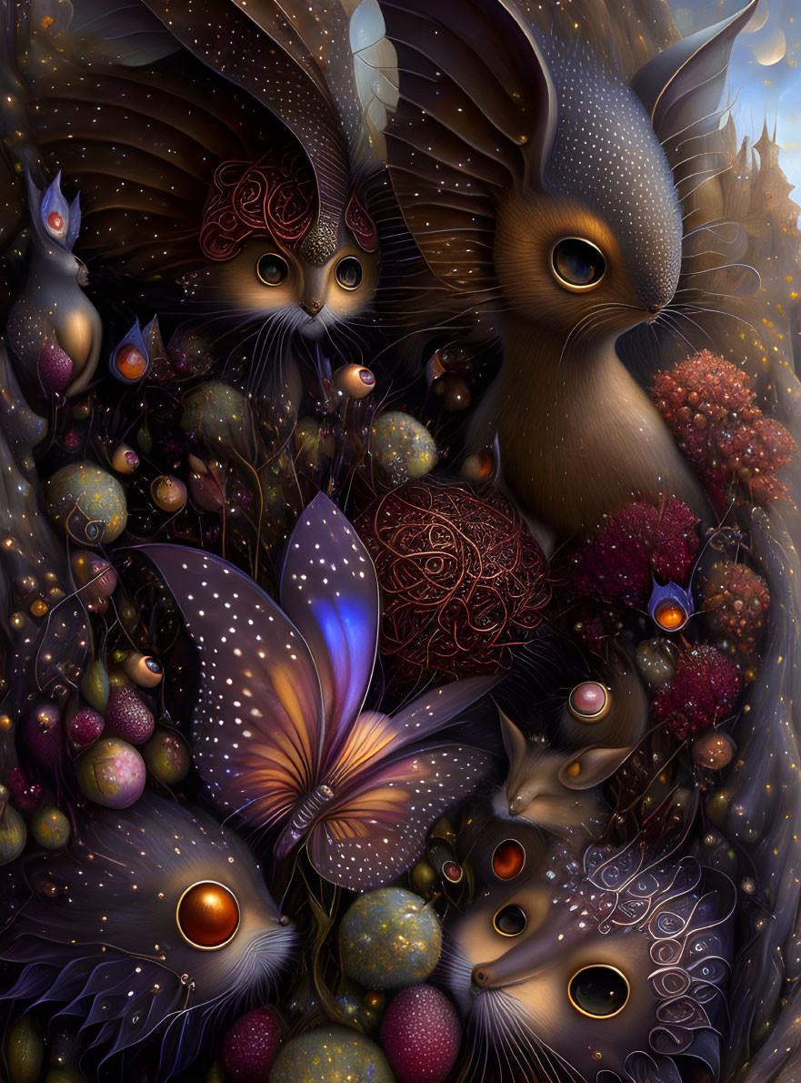 Fantastical art: Large-eyed owl and rabbit creatures in colorful flora, fauna, ornate eggs