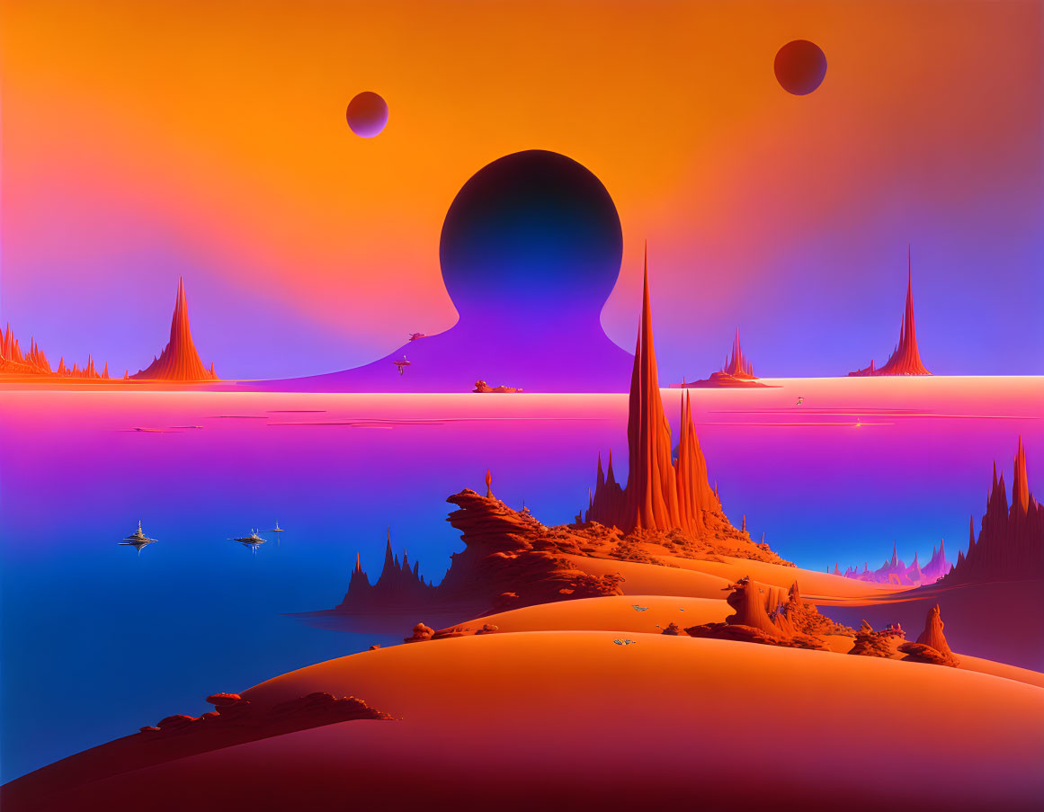 Surreal landscape: orange and blue hues, spiky formations, smooth water, floating spheres