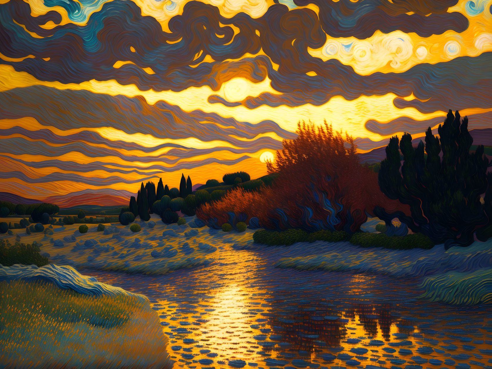 Colorful sunset painting with swirling clouds over river landscape