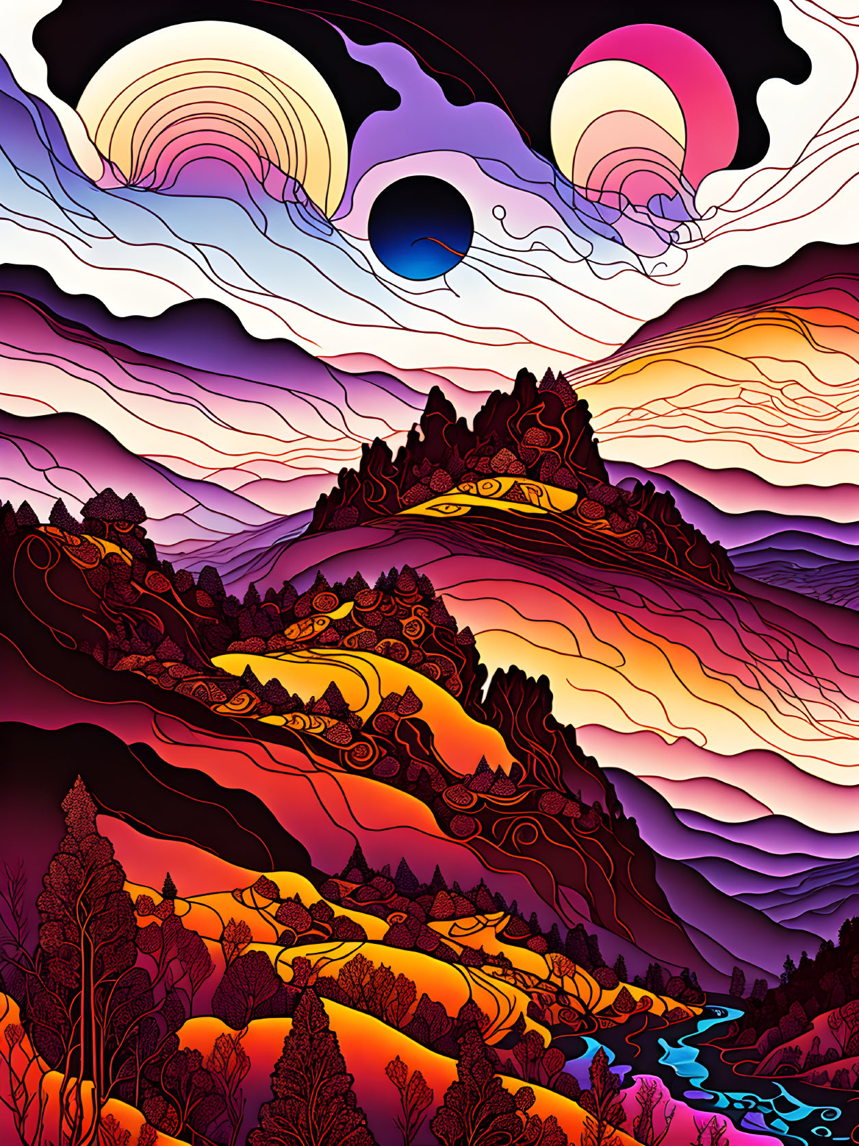 Colorful stylized landscape with rolling hills, trees, rivers, and surreal sky with multiple moons or