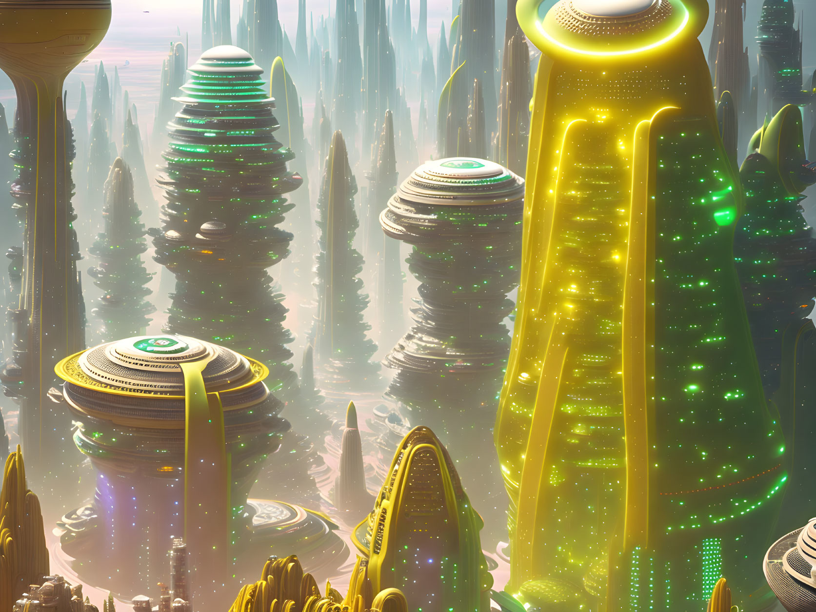 Futuristic cityscape with towering luminescent structures & soaring rock formations