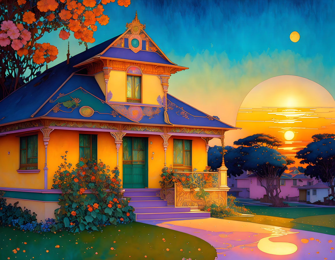 Vibrant yellow Victorian house at sunset with large sun