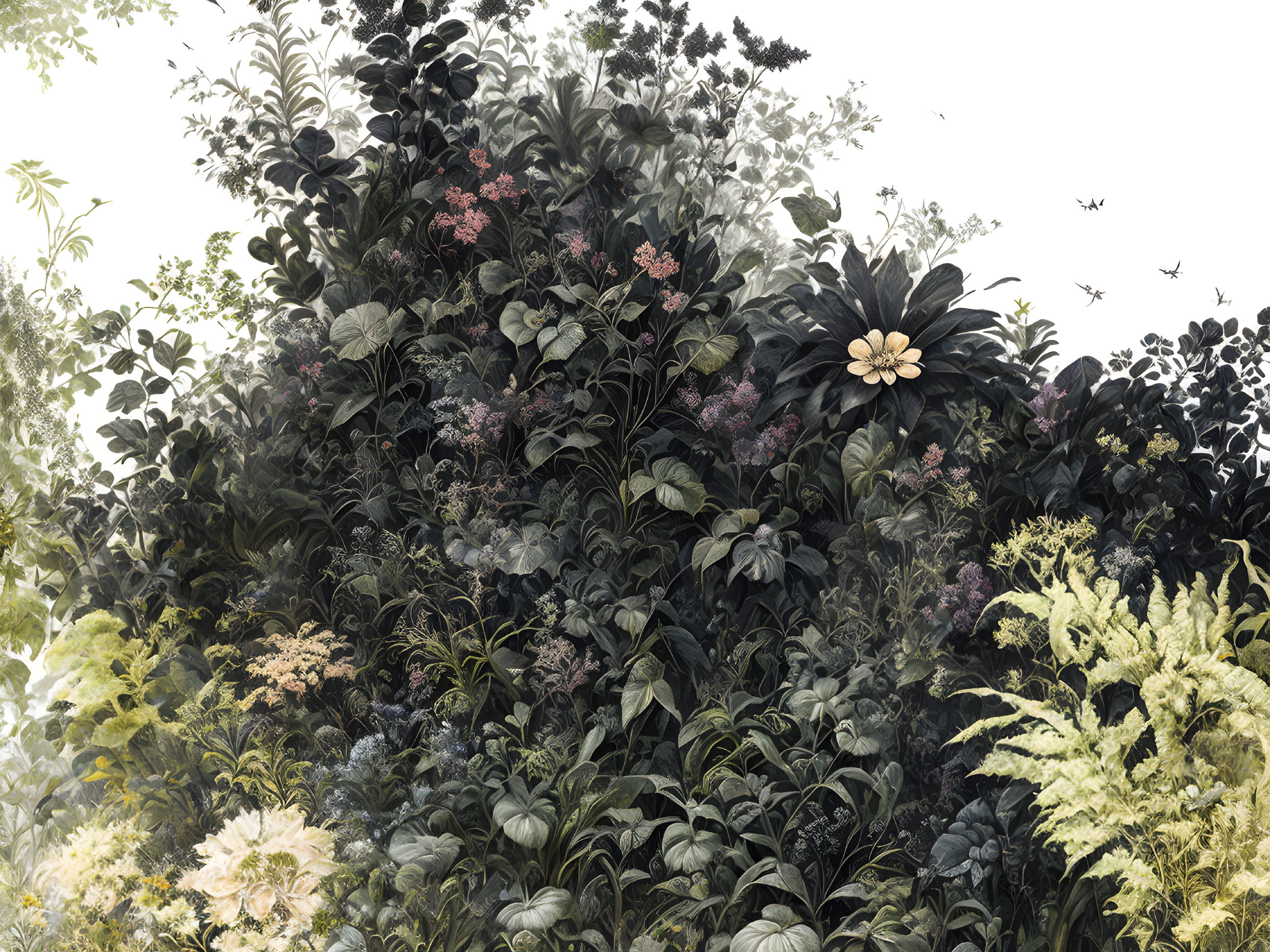 Lush Plant and Flower Composition with Birds in Flight