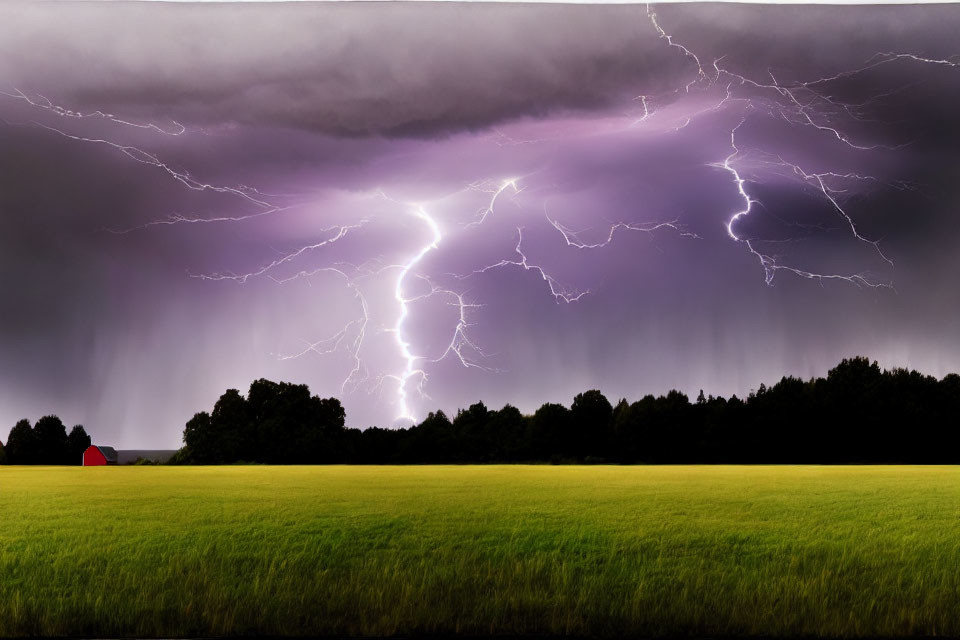 Thunderstorm with Lightning Strikes Over Green Field and Red-Roofed Structure