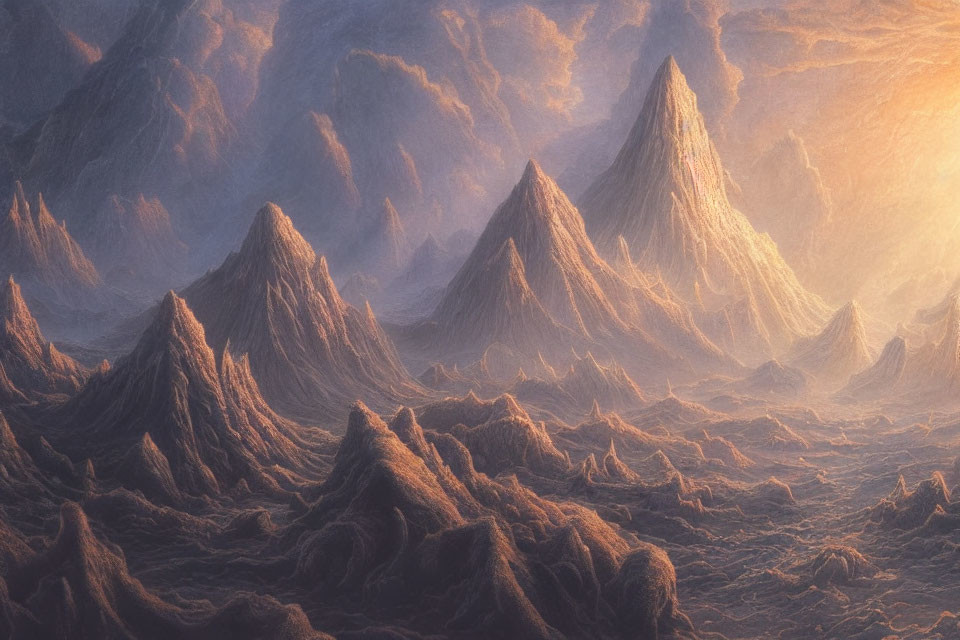 Surreal landscape with towering sunlit peaks and mist-covered hills