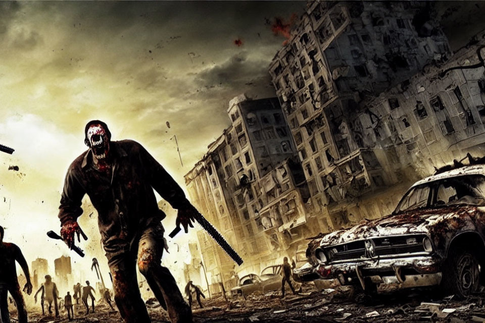 Post-apocalyptic zombie scene with destroyed buildings and cars under dark sky