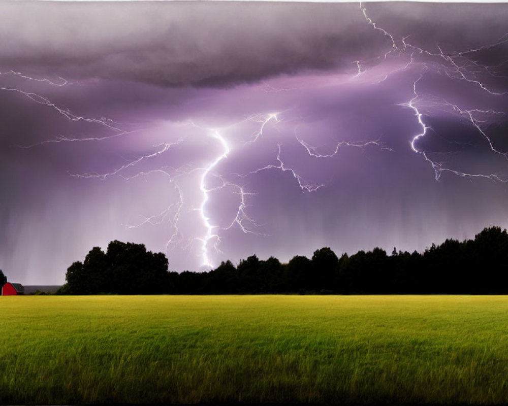 Thunderstorm with Lightning Strikes Over Green Field and Red-Roofed Structure