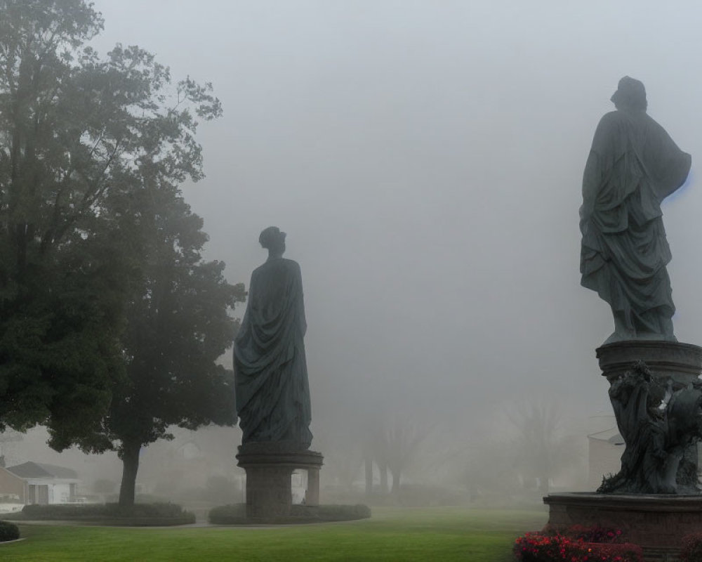 Statues in Fog with Park and Trees Background