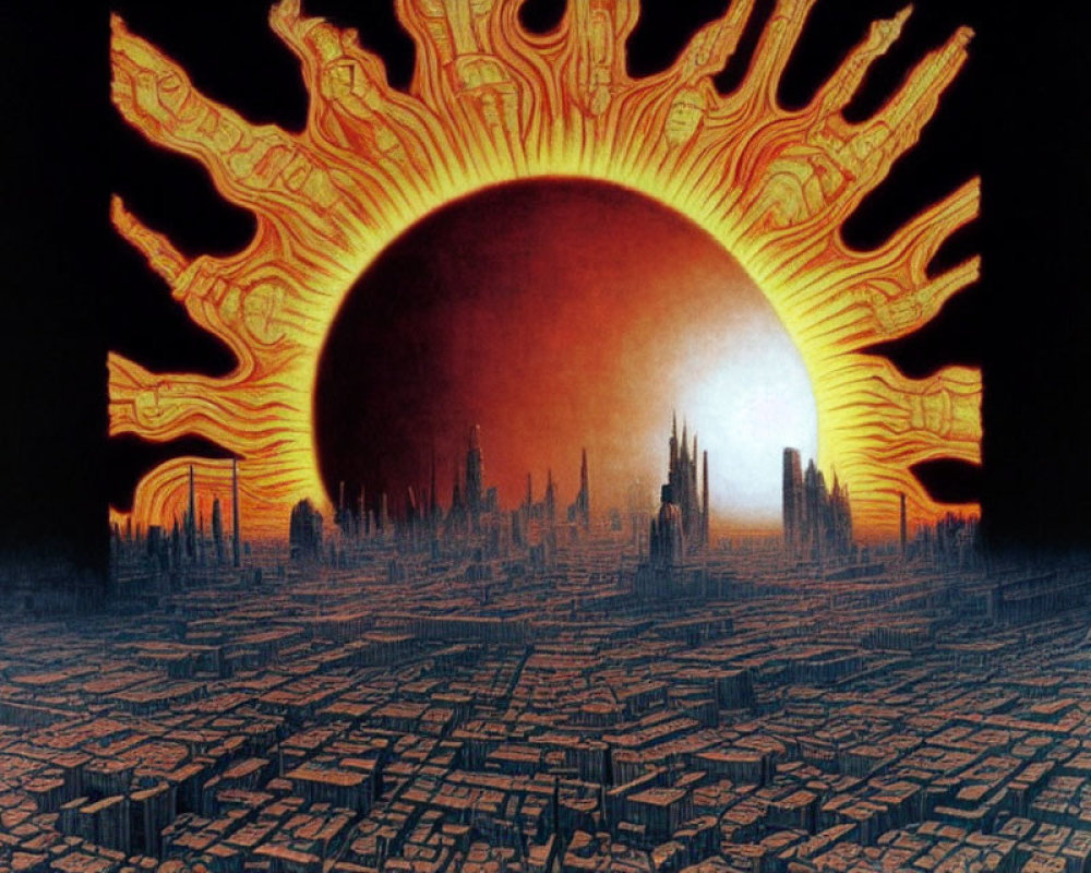 Cityscape art with stylized sun and flame-like patterns in starry sky