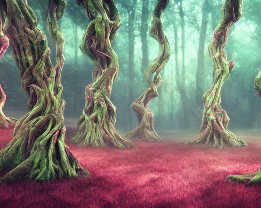 Enchanting forest scene with twisted moss-covered trees and vibrant red foliage in hazy ambiance