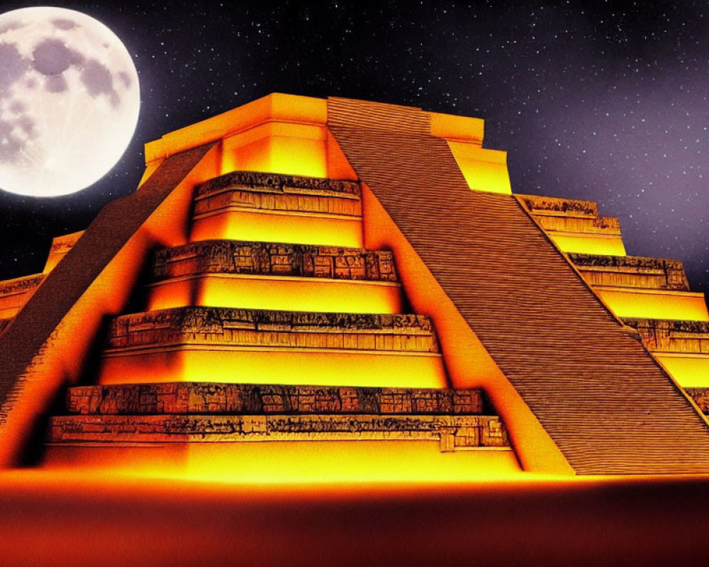 Illuminated pyramid under full moon and stars