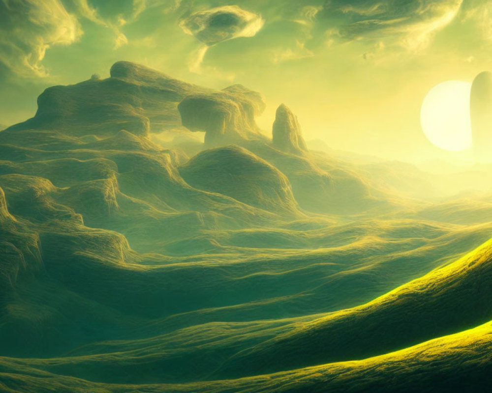 Unique rock formations in verdant alien landscape with dual suns under greenish sky