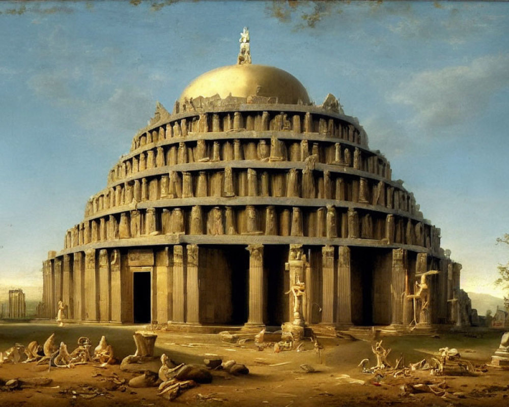 Ancient circular structure with dome in ruins and human remains under serene sky