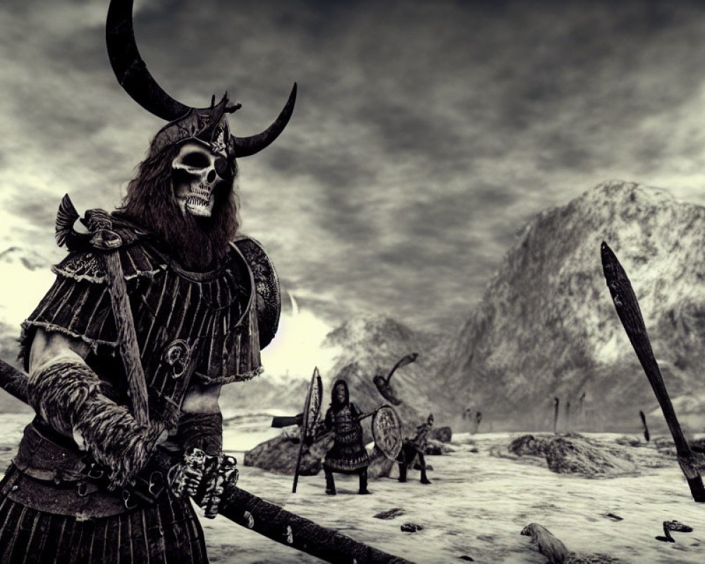 Monochrome fantasy warrior with sword in desolate landscape