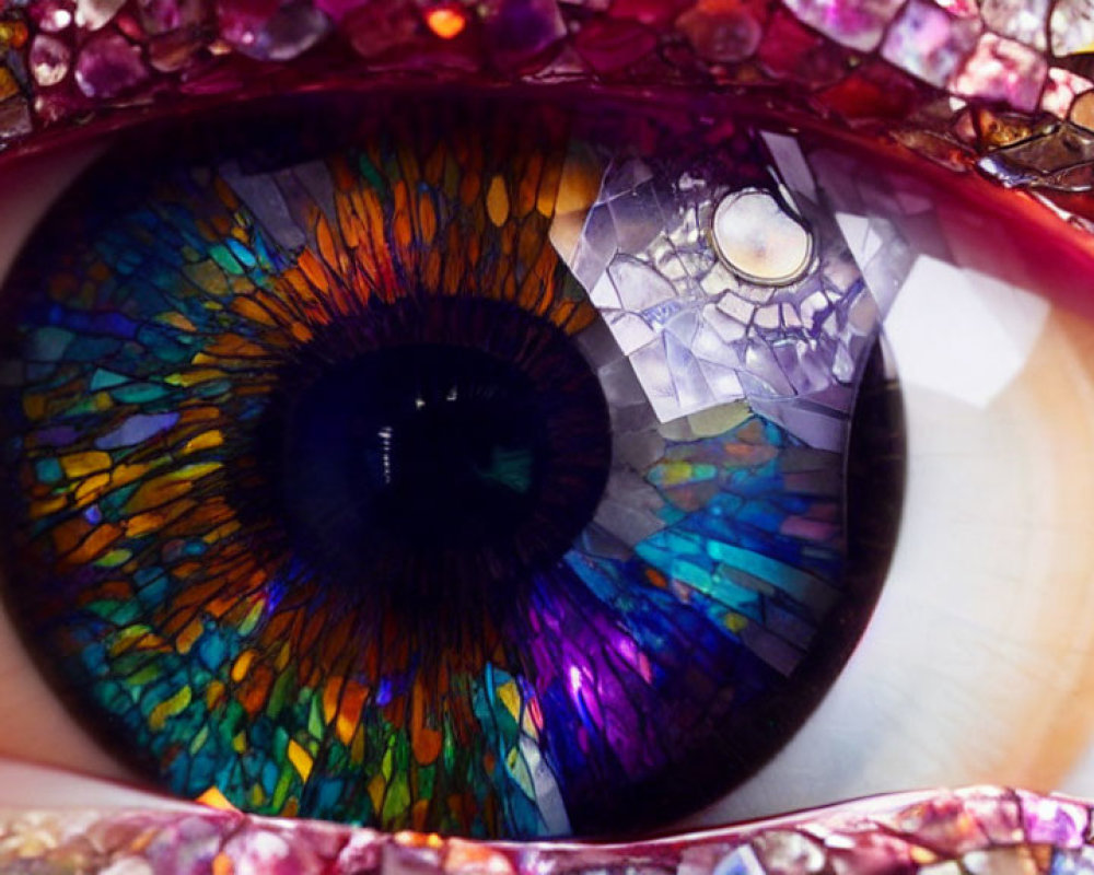 Detailed close-up of vibrant, multi-colored iris with purple-hued crystalline textures