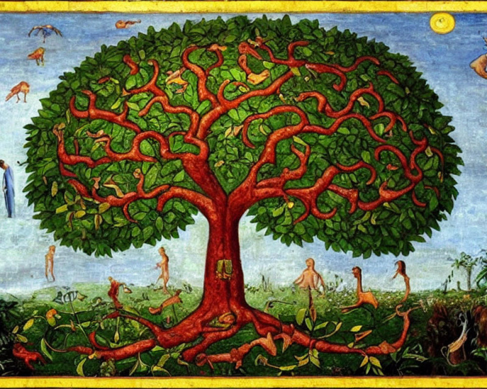 Colorful painting: central tree branches form human figures in nature scene