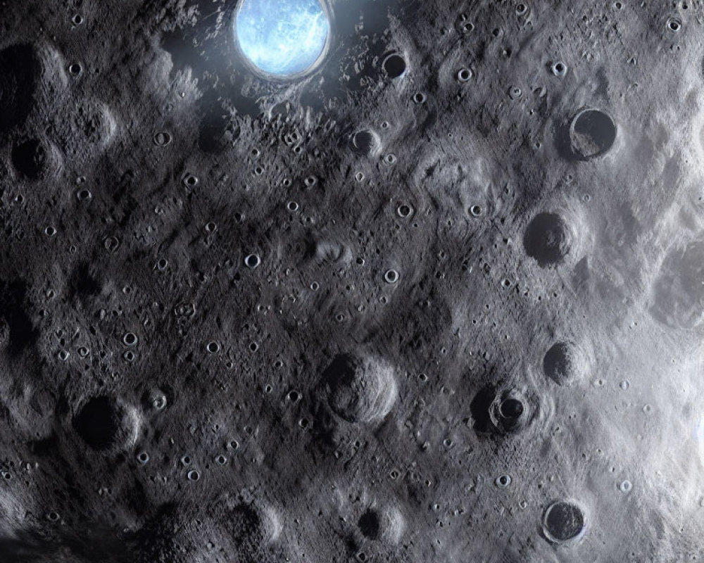 Moon's crater-filled surface with Earth rising in space