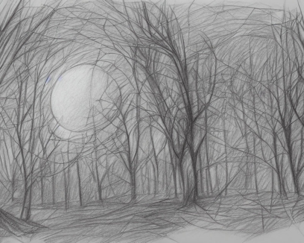 Detailed pencil drawing of dense, leafless forest with intertwining branches and glowing moon.