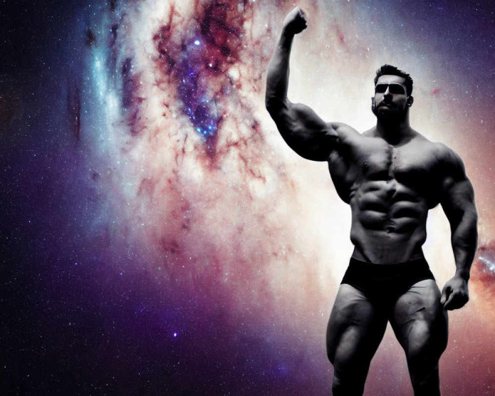 Muscular man posing with flexed bicep in cosmic galaxy setting