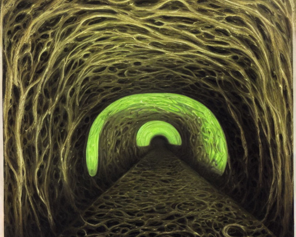 Abstract painting of swirling green and brown tunnel with light-green arch.