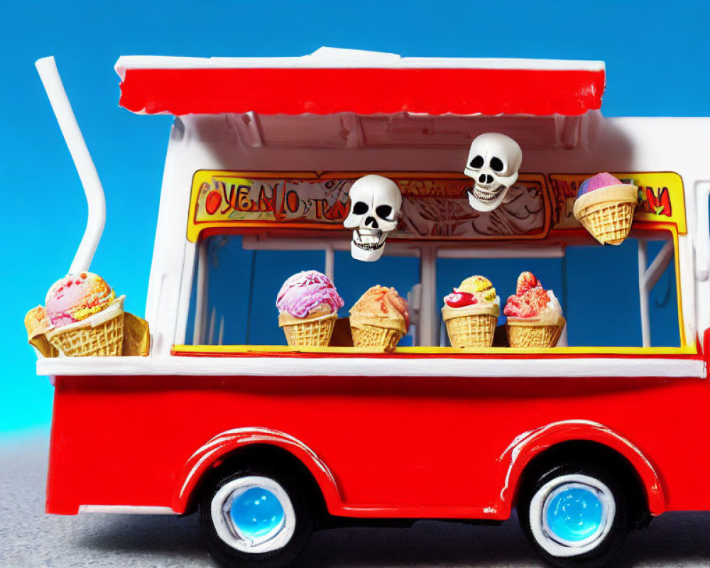 Colorful Toy Ice Cream Truck with Skull Decorations and Ice Cream Cones