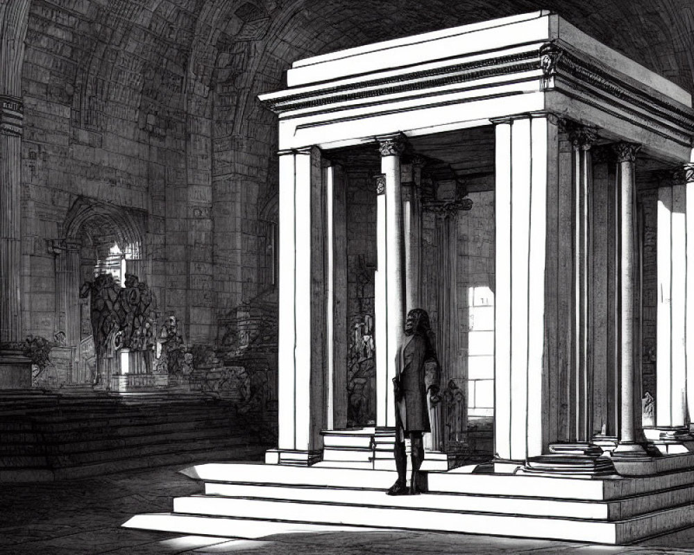 Monochrome image of person in front of classical hall with columns and statues