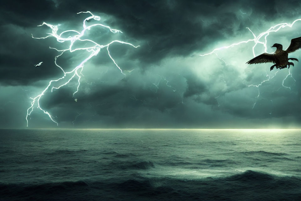 Thunderstorm over turbulent sea with lightning bolts and birds.