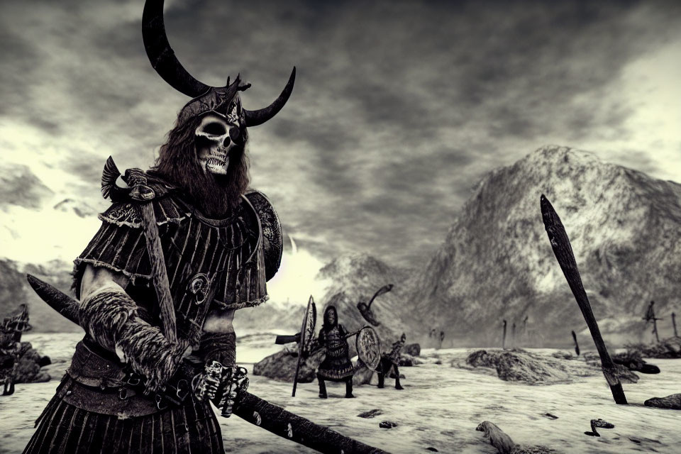 Monochrome fantasy warrior with sword in desolate landscape