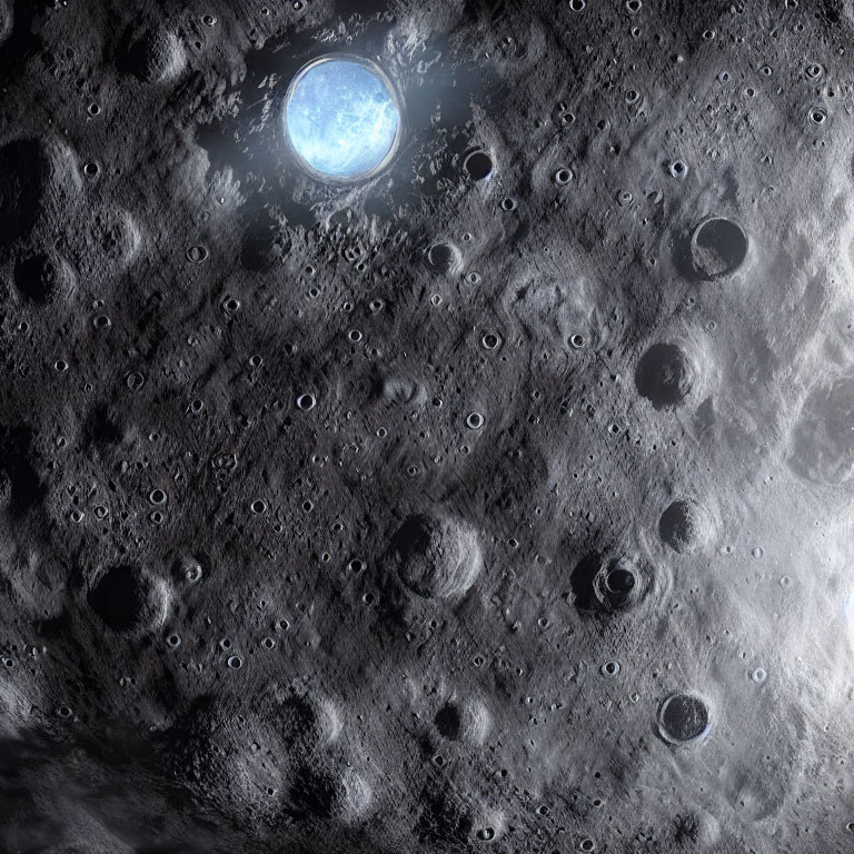 Moon's crater-filled surface with Earth rising in space