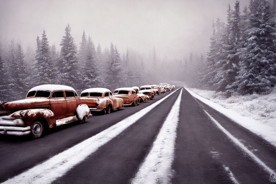 Vintage Cars Covered in Snow Along Forest-Lined Road