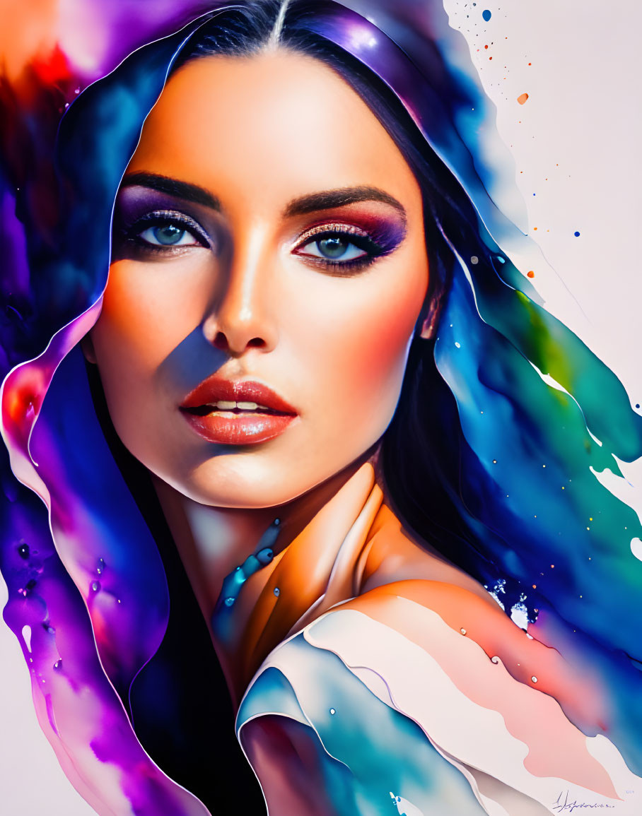 Colorful abstract digital artwork featuring woman with vibrant makeup