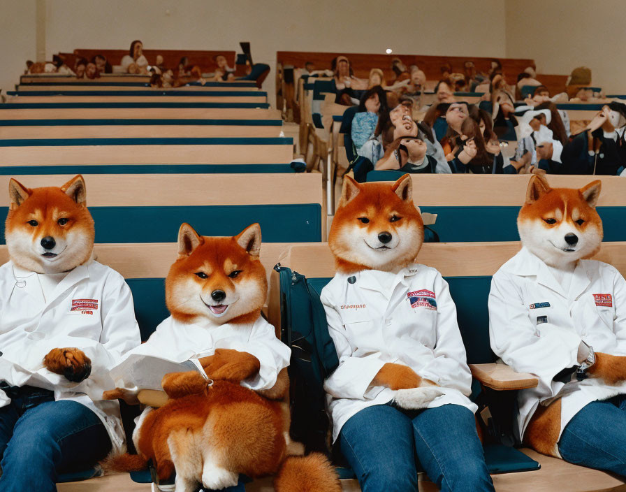 Shiba Inus in lab coats in lecture hall