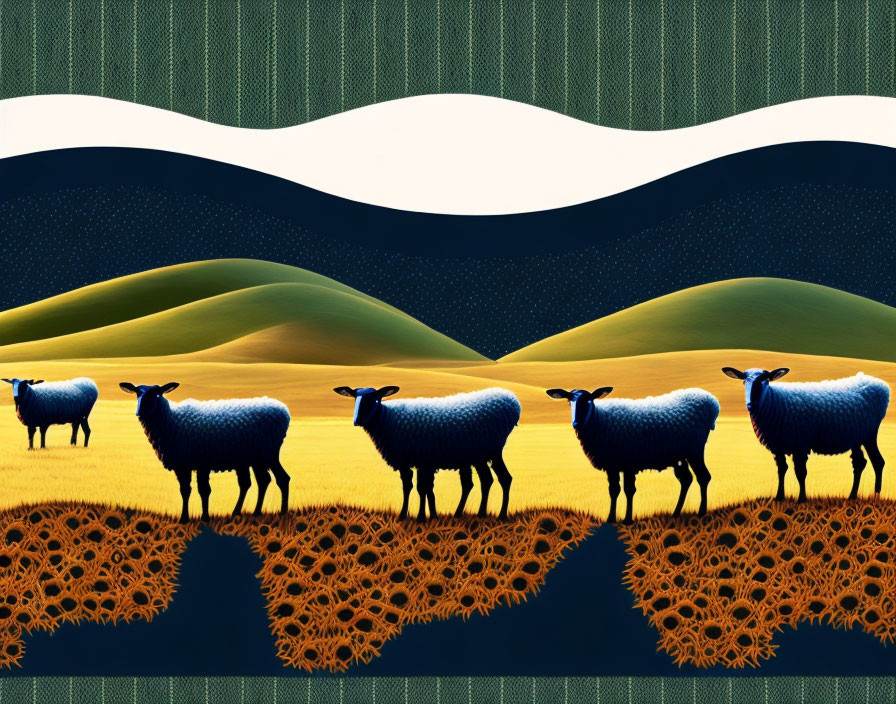 Stylized sheep on green hills under starry night sky