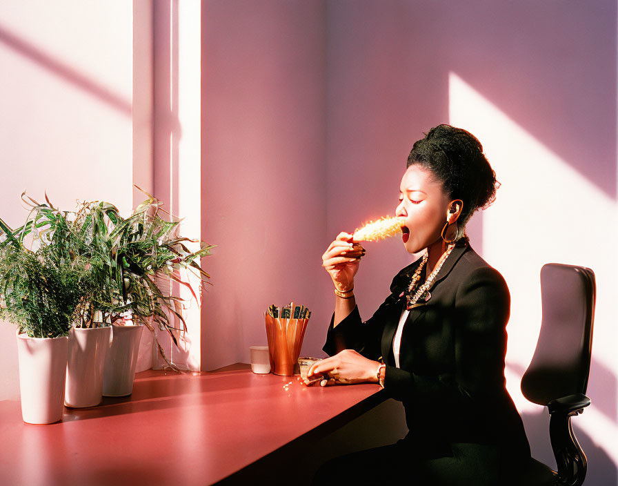 Woman in black outfit eating sandwich at pink desk in sunlit room