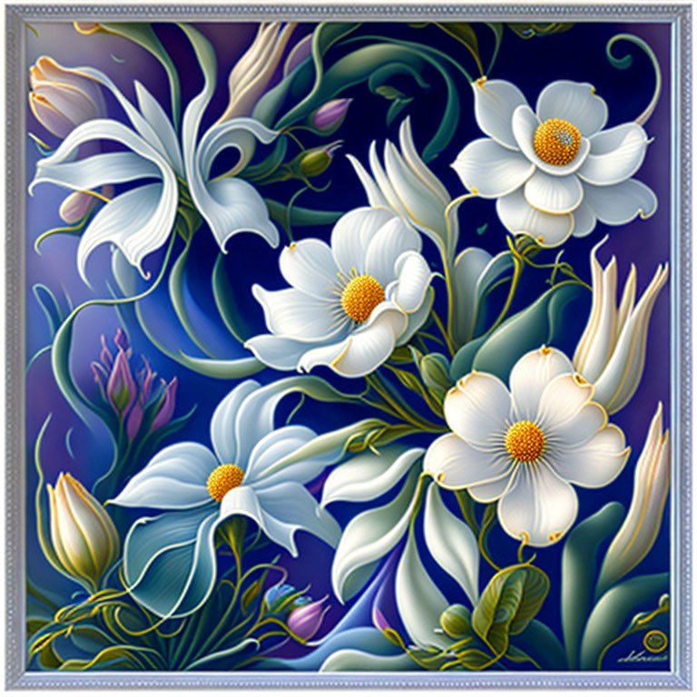 White Flowers with Long Swirling Petals and Golden Centers on Dark Blue Background