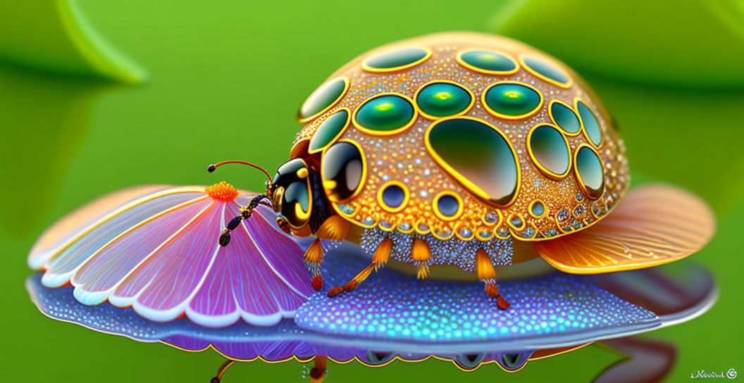 Colorful beetle digital artwork on vibrant flower against green background